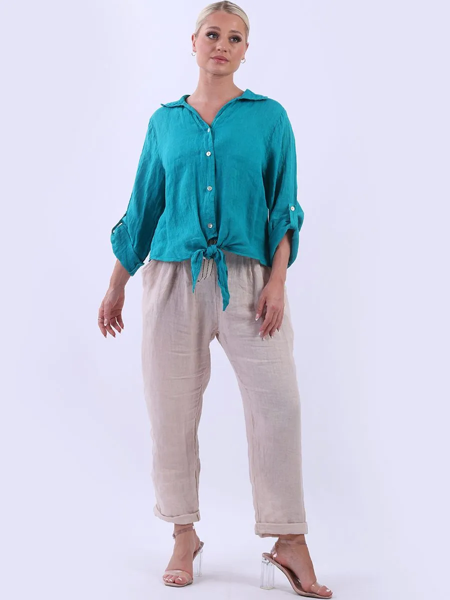 Anne   Kate Italian Linen Knot Hem Crop Shirt