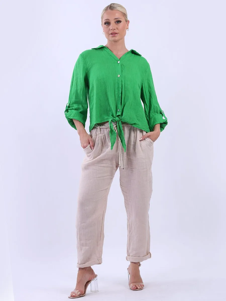 Anne   Kate Italian Linen Knot Hem Crop Shirt