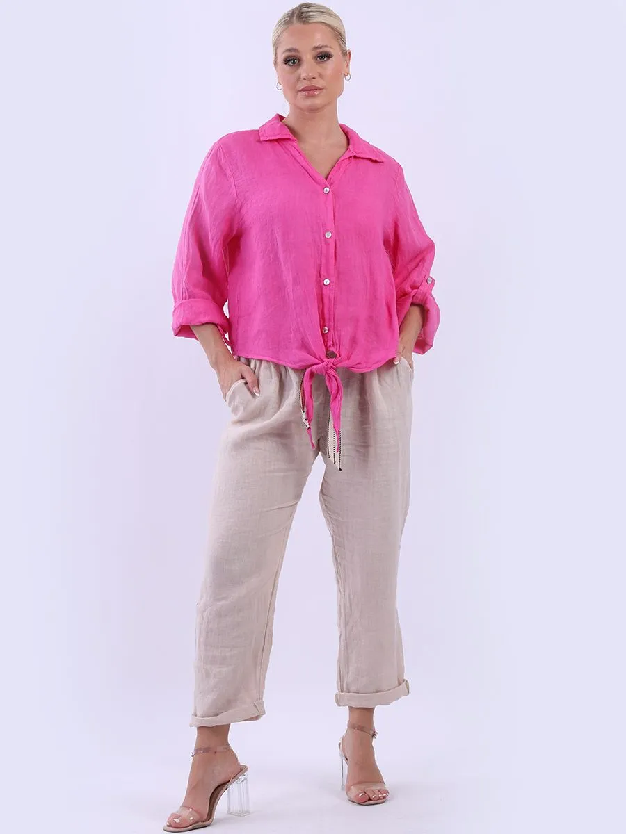 Anne   Kate Italian Linen Knot Hem Crop Shirt