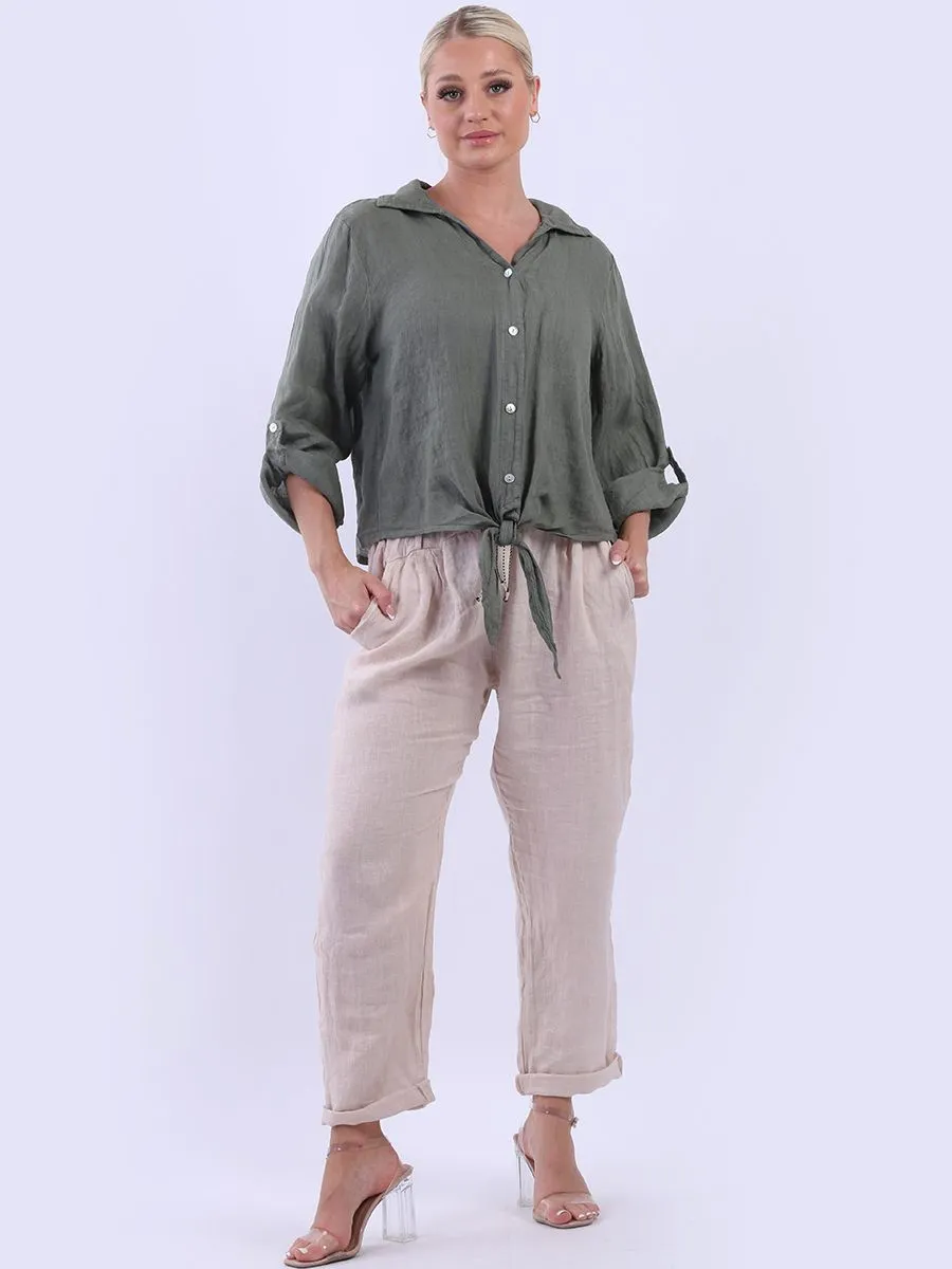 Anne   Kate Italian Linen Knot Hem Crop Shirt