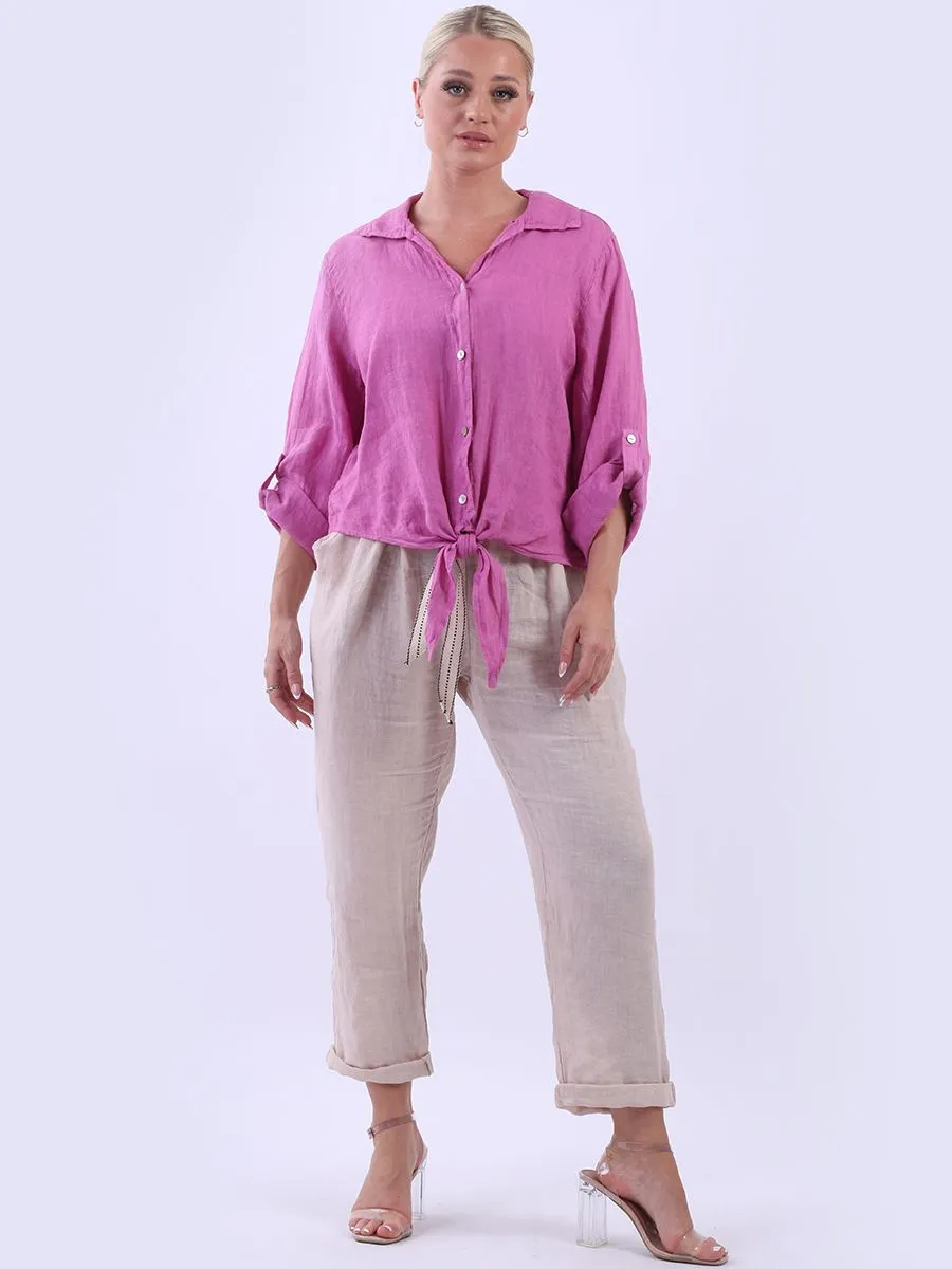 Anne   Kate Italian Linen Knot Hem Crop Shirt