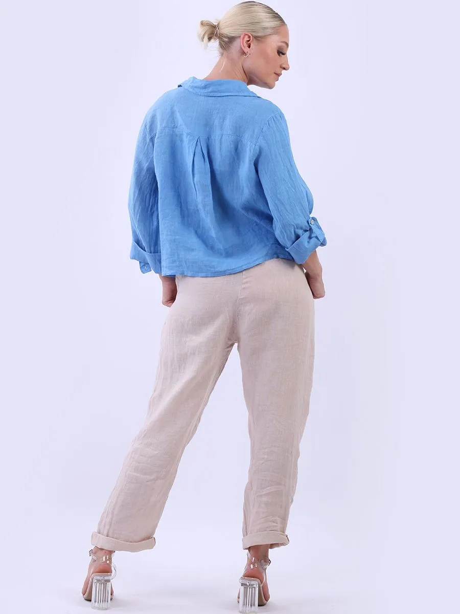 Anne   Kate Italian Linen Knot Hem Crop Shirt