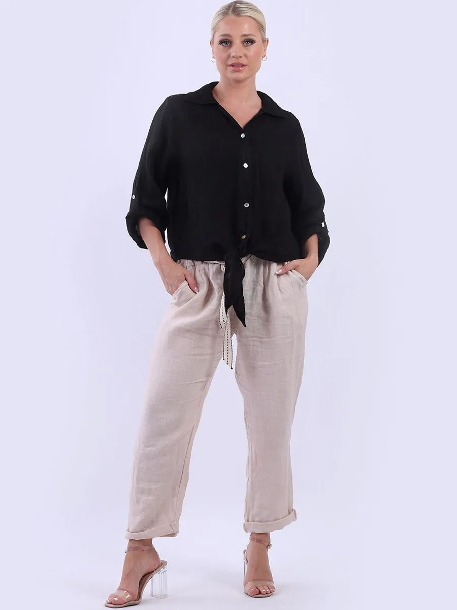 Anne   Kate Italian Linen Knot Hem Crop Shirt