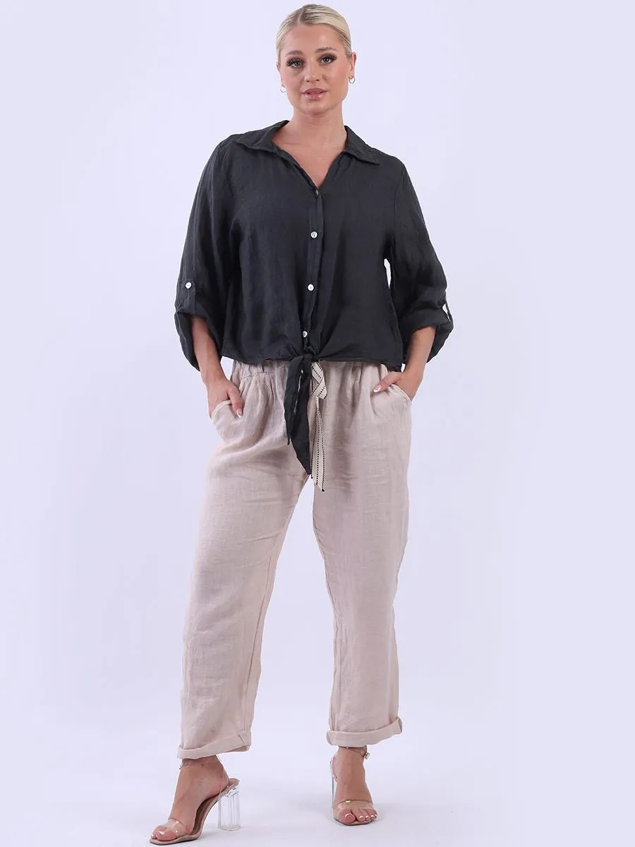 Anne   Kate Italian Linen Knot Hem Crop Shirt