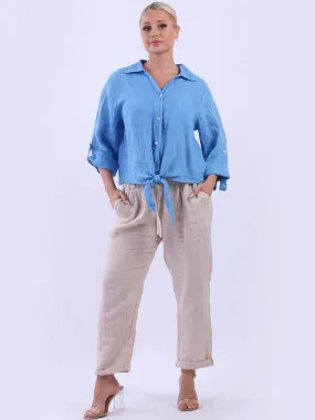 Anne   Kate Italian Linen Knot Hem Crop Shirt