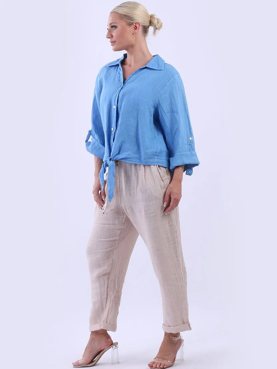 Anne   Kate Italian Linen Knot Hem Crop Shirt