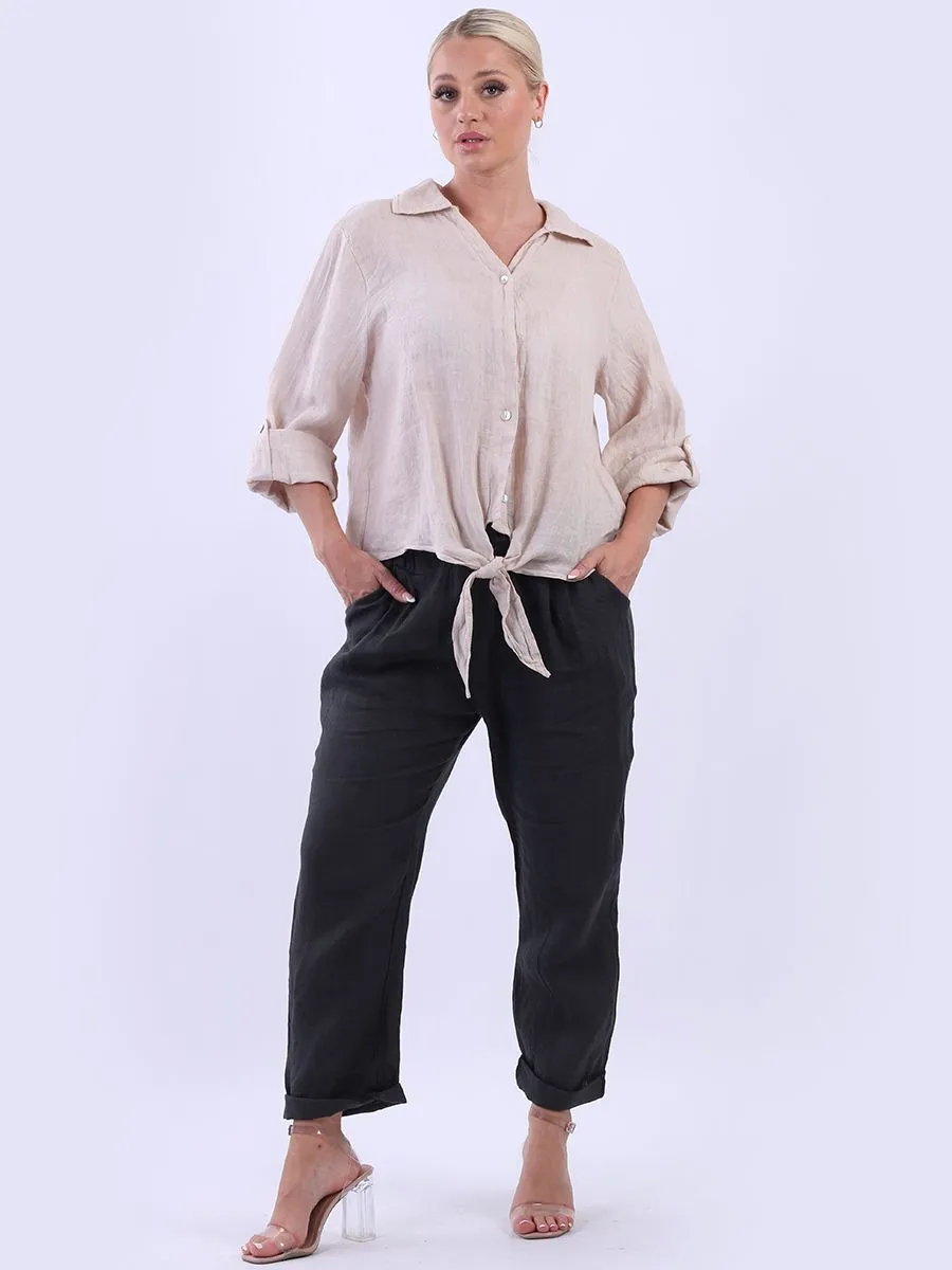 Anne   Kate Italian Linen Knot Hem Crop Shirt