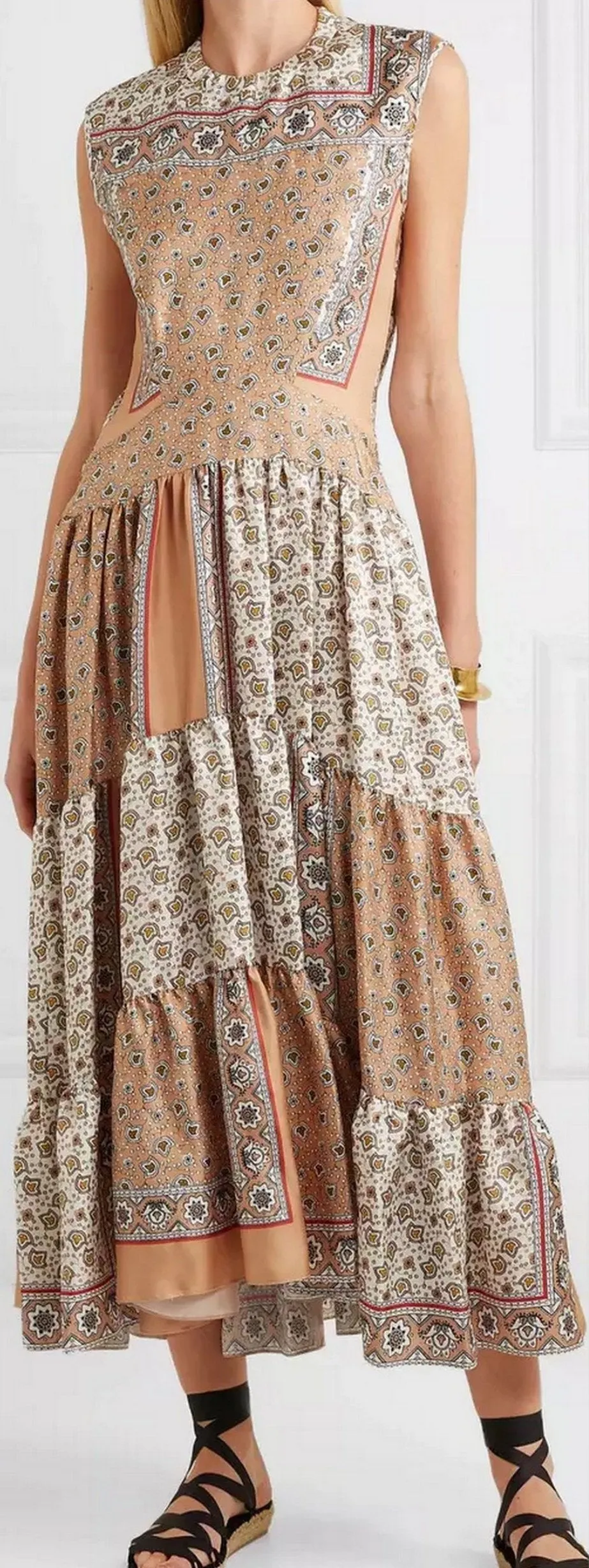 Bandana-Print Tiered Silk Dress