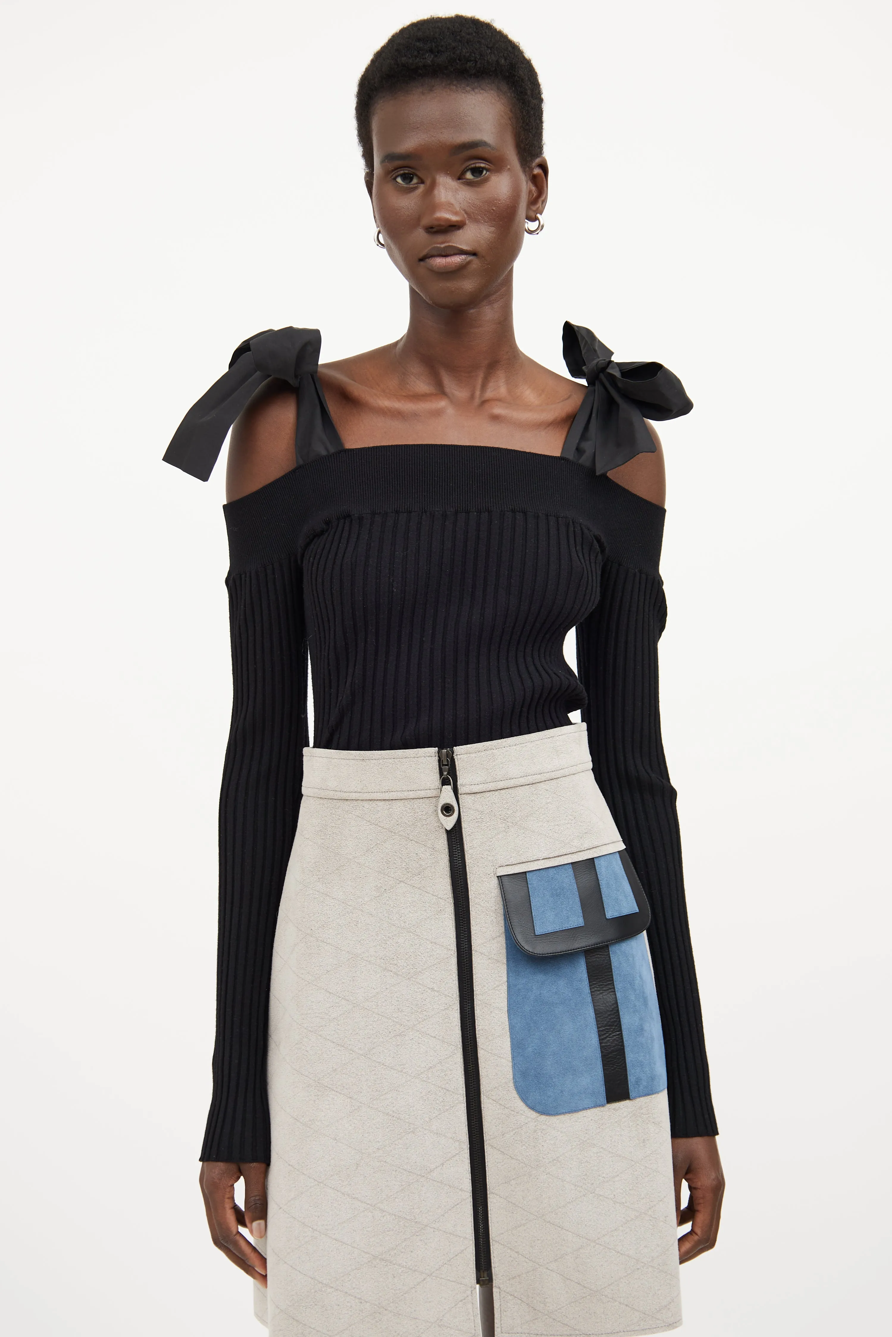 Black Ribbed Off The Shoulder Bow Top