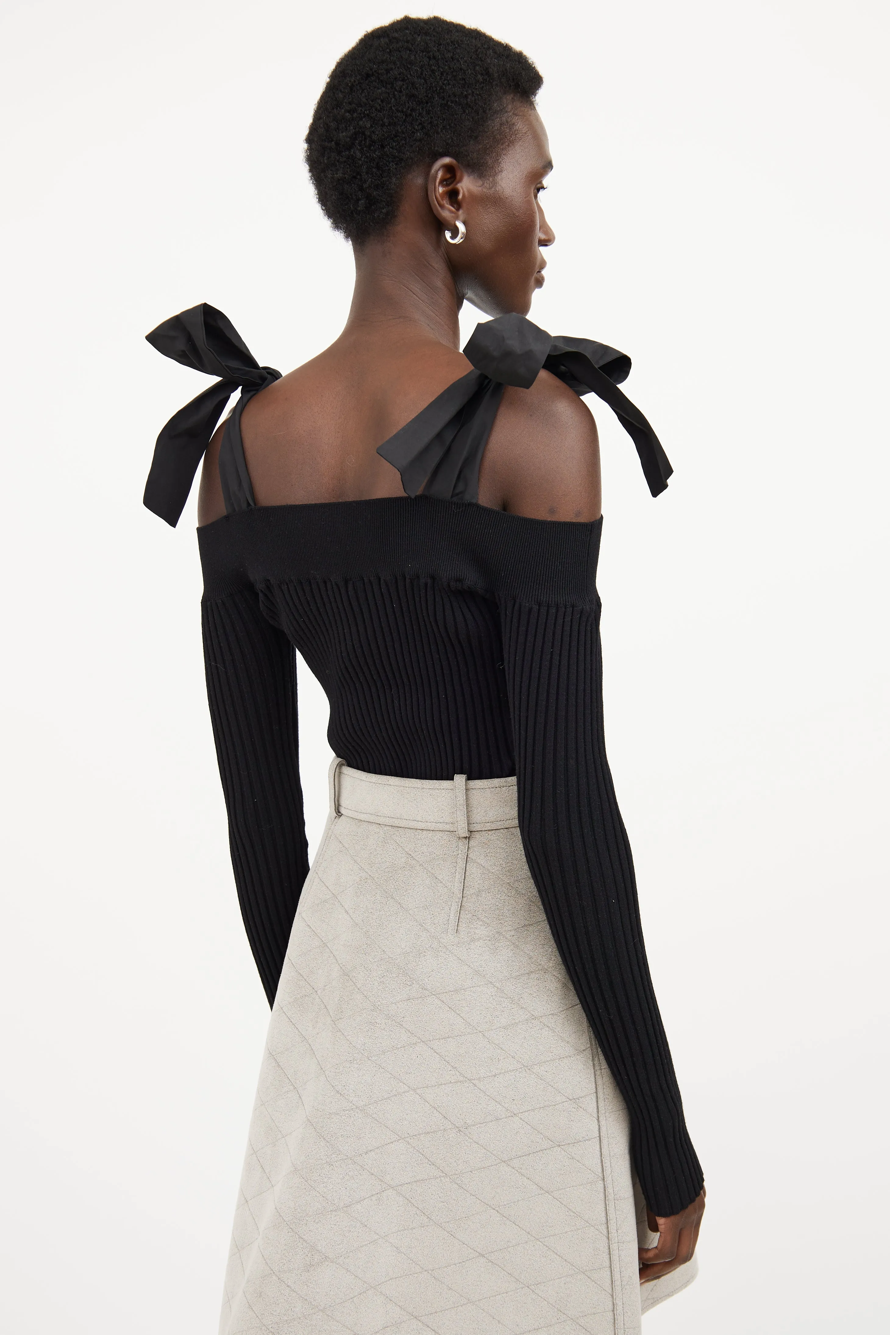 Black Ribbed Off The Shoulder Bow Top