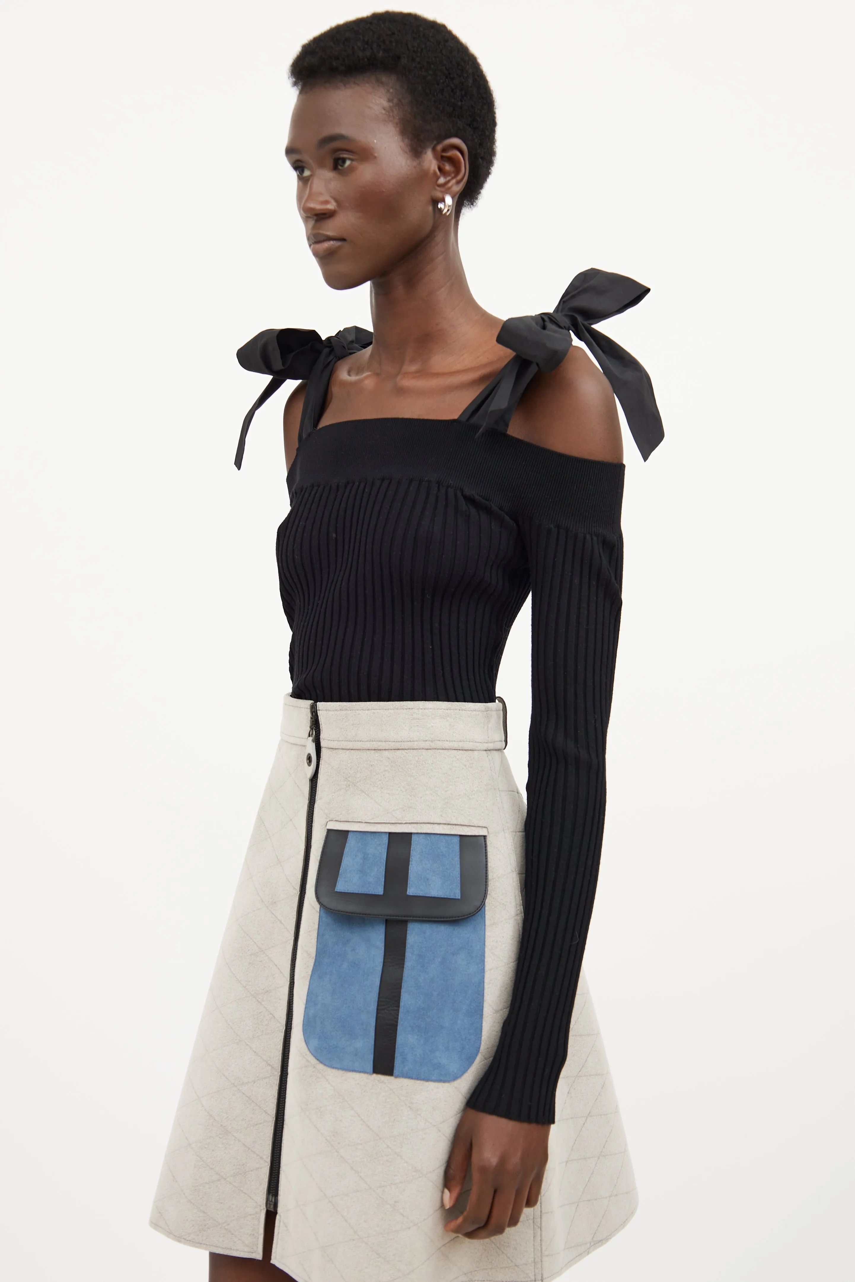 Black Ribbed Off The Shoulder Bow Top