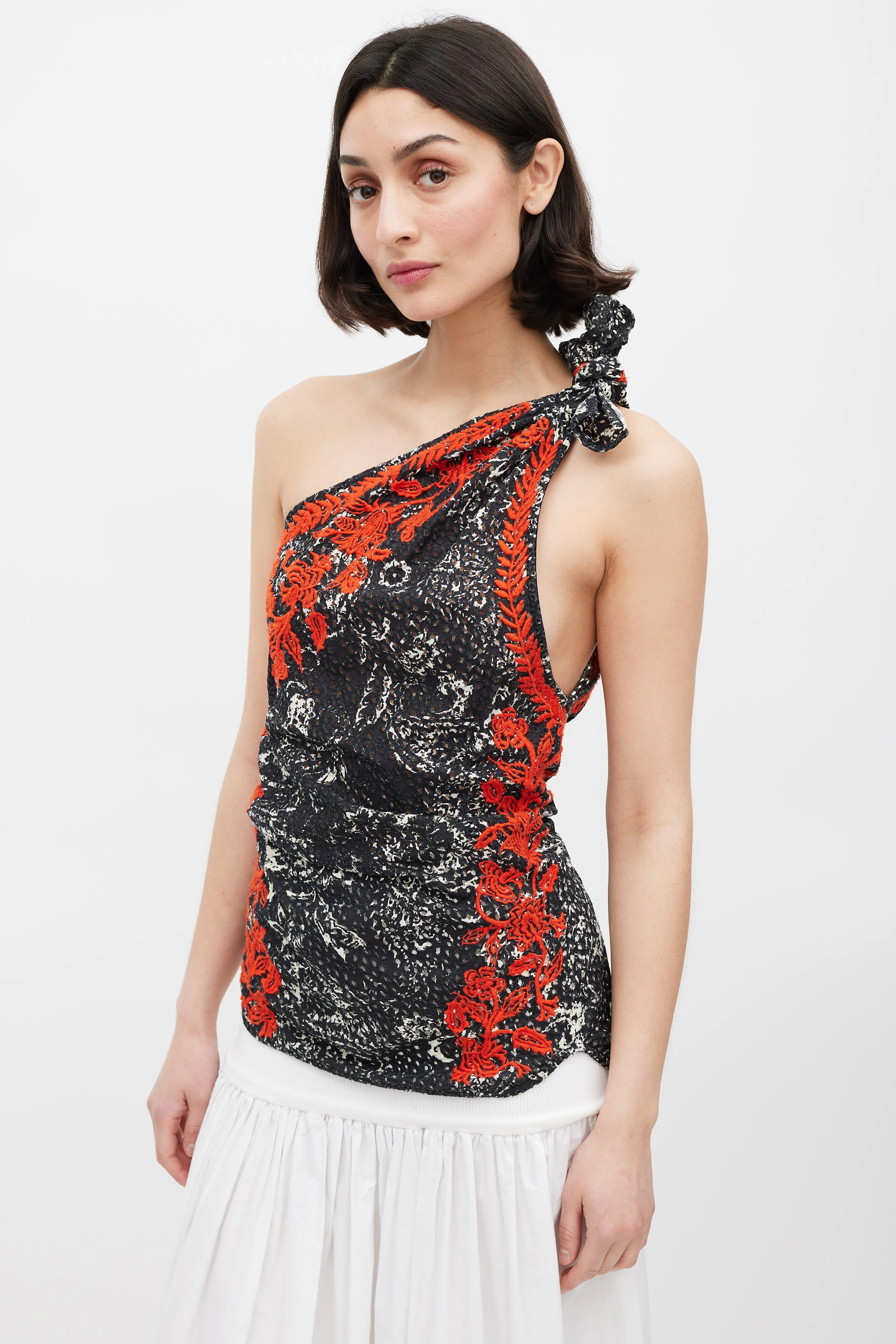 Black White & Red Floral Embroidered One Shoulder Top