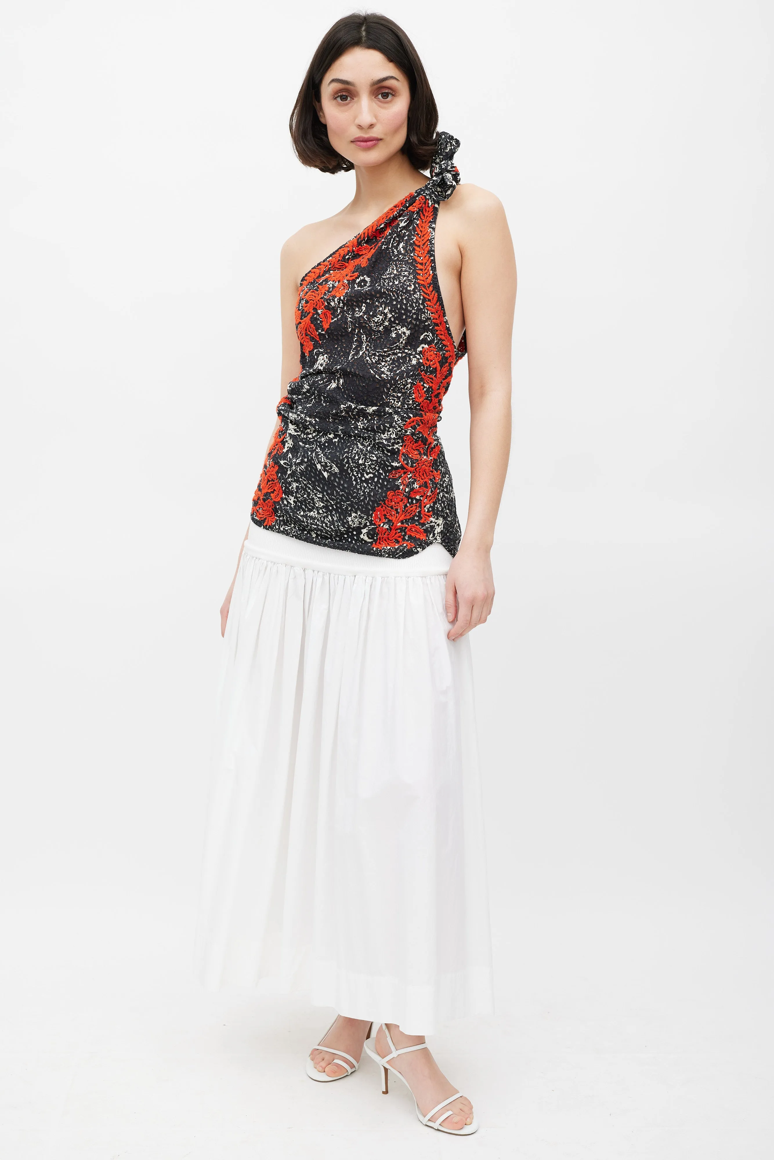 Black White & Red Floral Embroidered One Shoulder Top