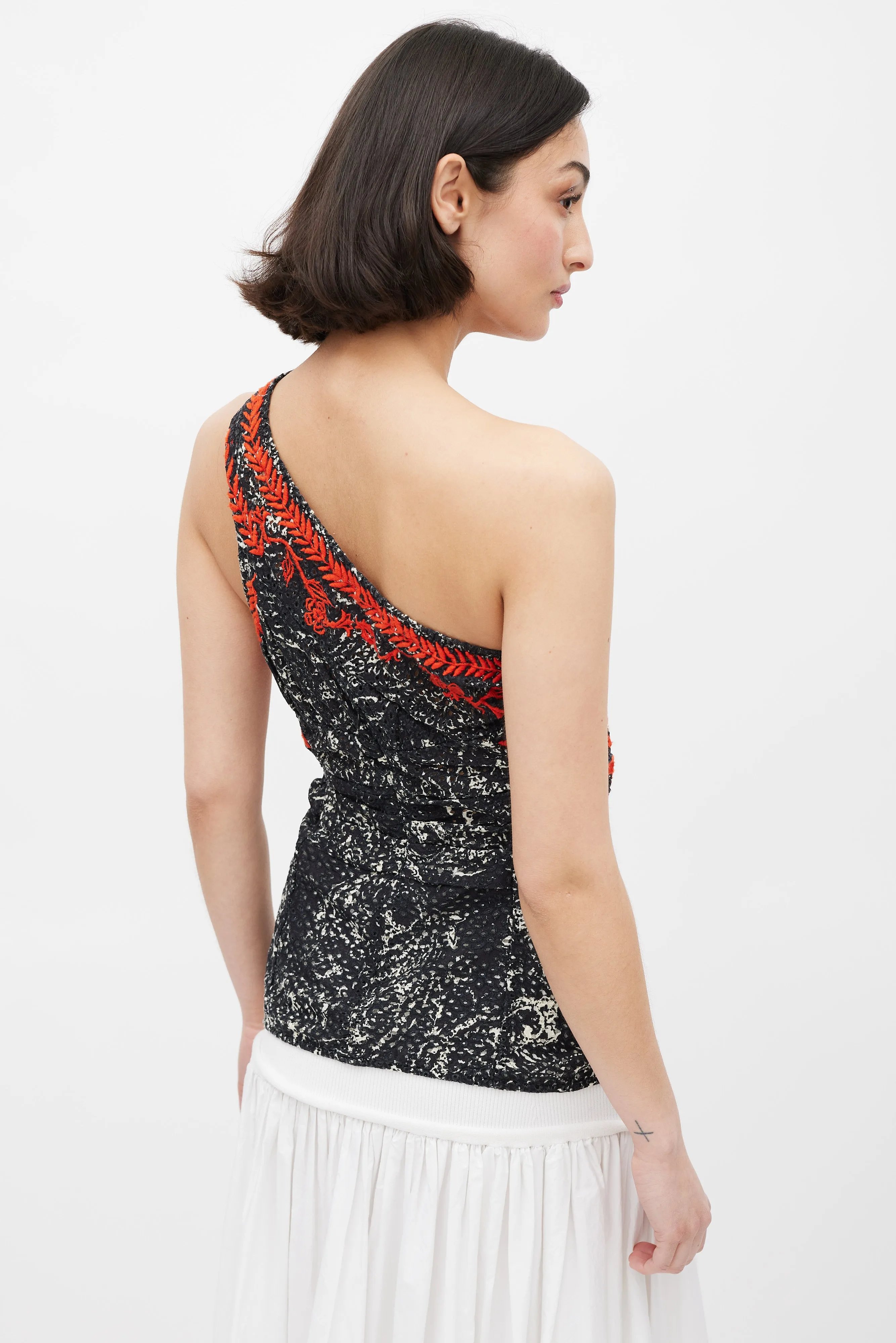 Black White & Red Floral Embroidered One Shoulder Top