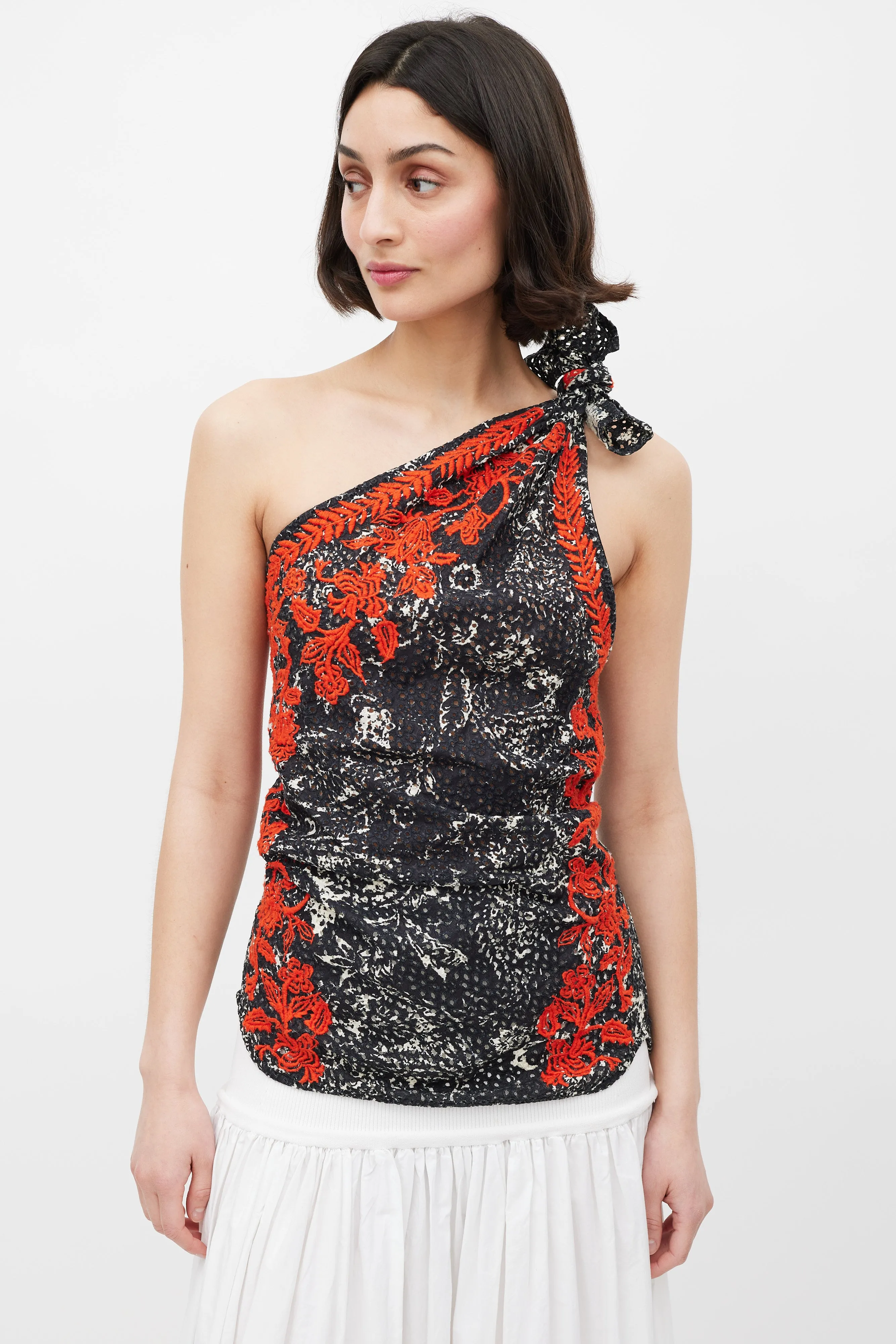 Black White & Red Floral Embroidered One Shoulder Top