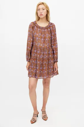 Brown & Purple Silk Blend Floral Tiered Dress