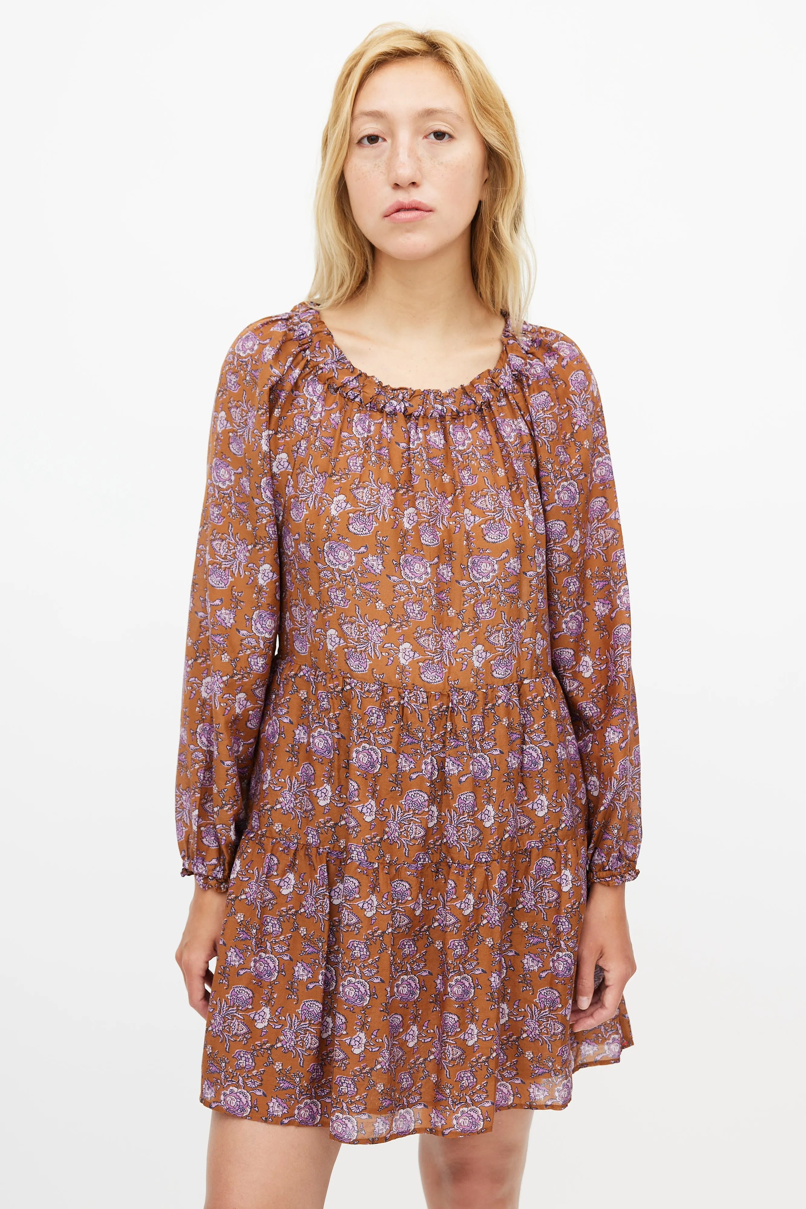 Brown & Purple Silk Blend Floral Tiered Dress
