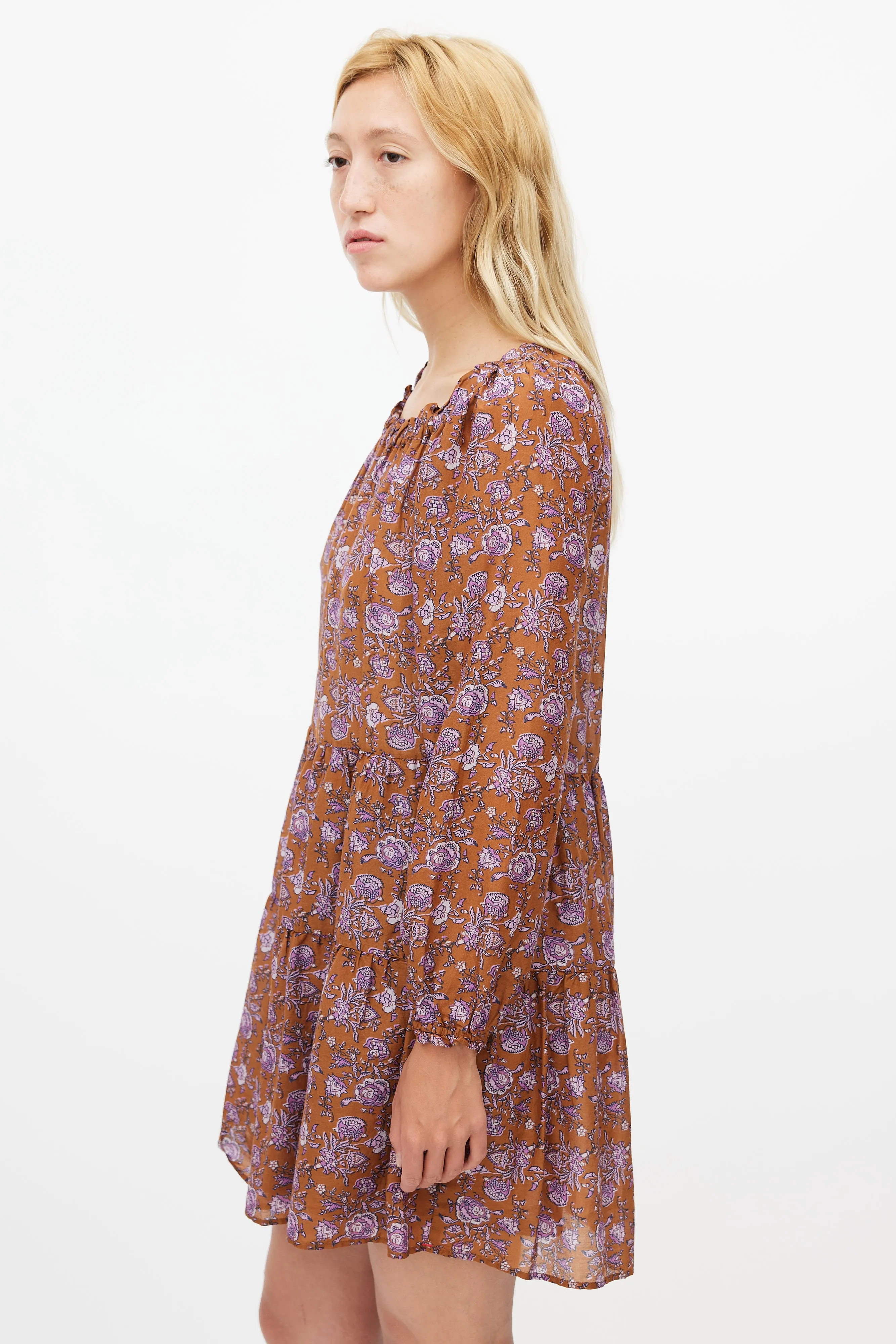 Brown & Purple Silk Blend Floral Tiered Dress