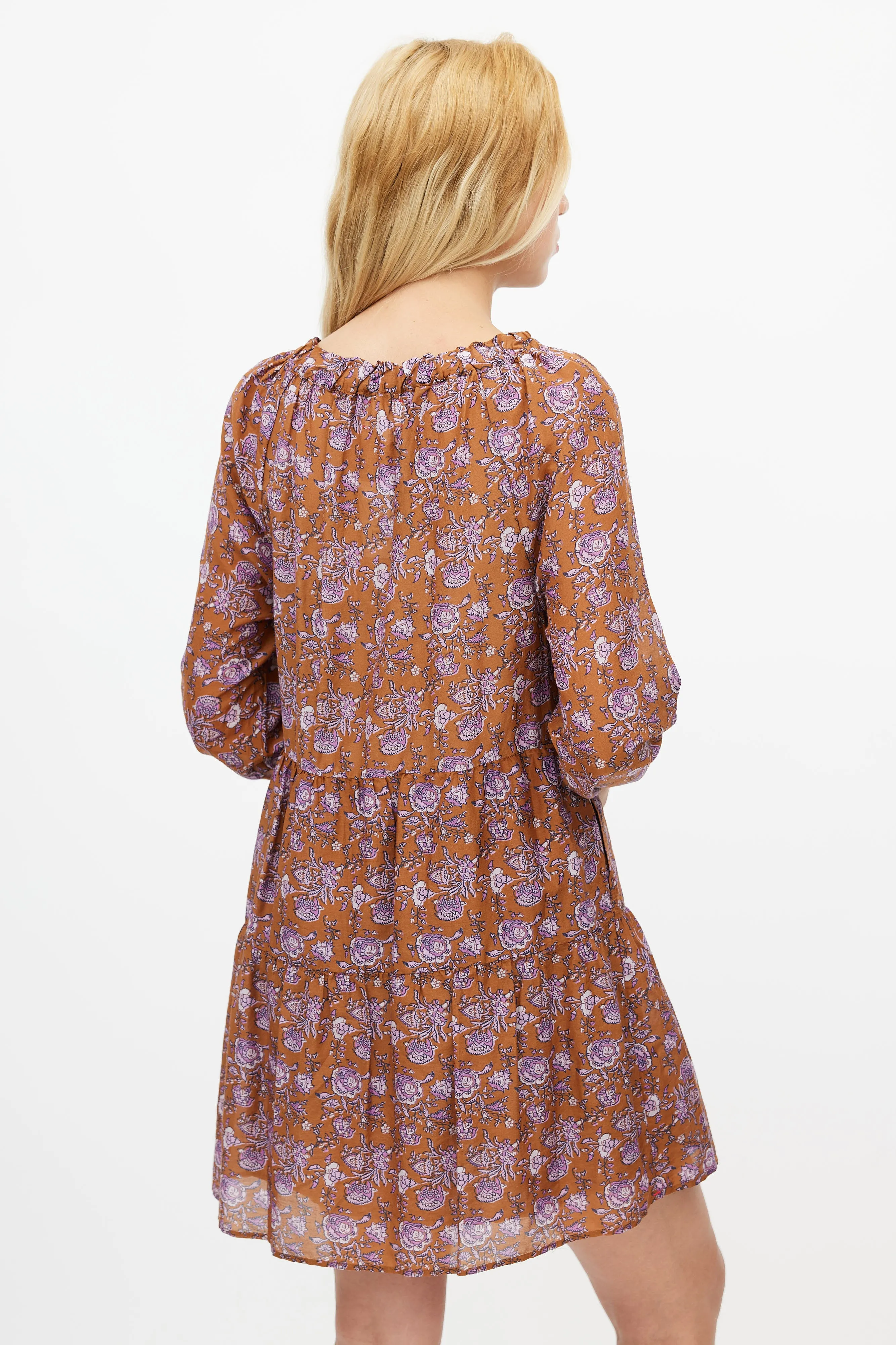 Brown & Purple Silk Blend Floral Tiered Dress