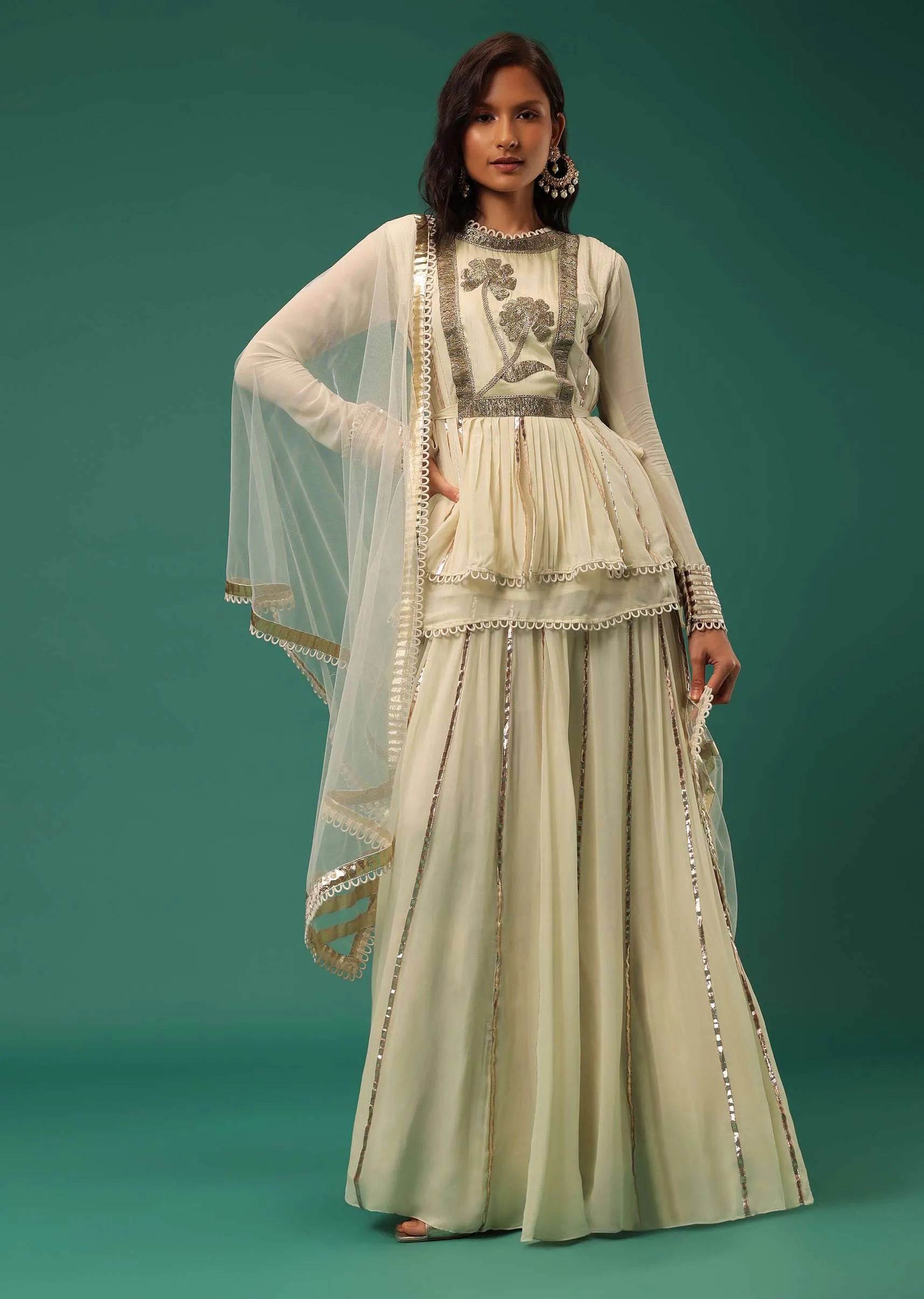 Cream White Embroidered Lehenga Set With Peplum Top In Georgette