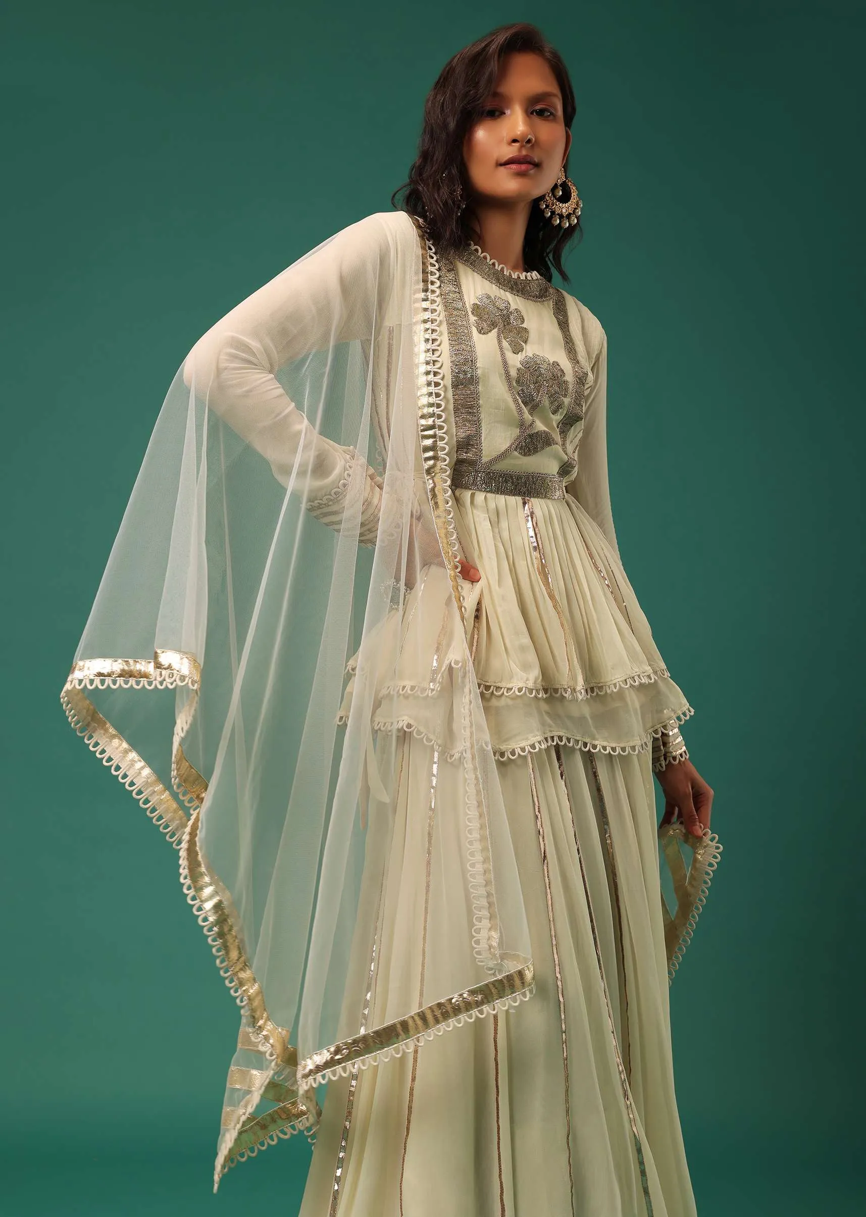 Cream White Embroidered Lehenga Set With Peplum Top In Georgette
