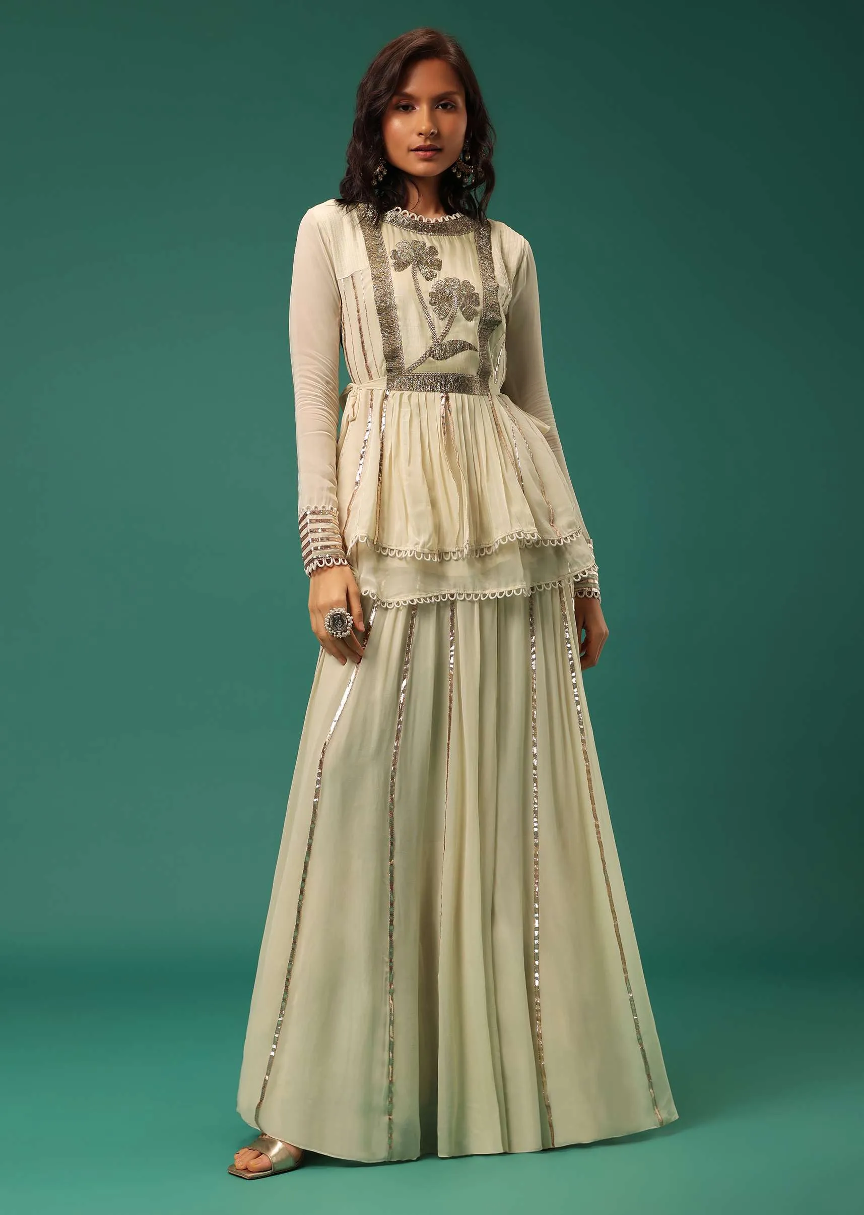 Cream White Embroidered Lehenga Set With Peplum Top In Georgette