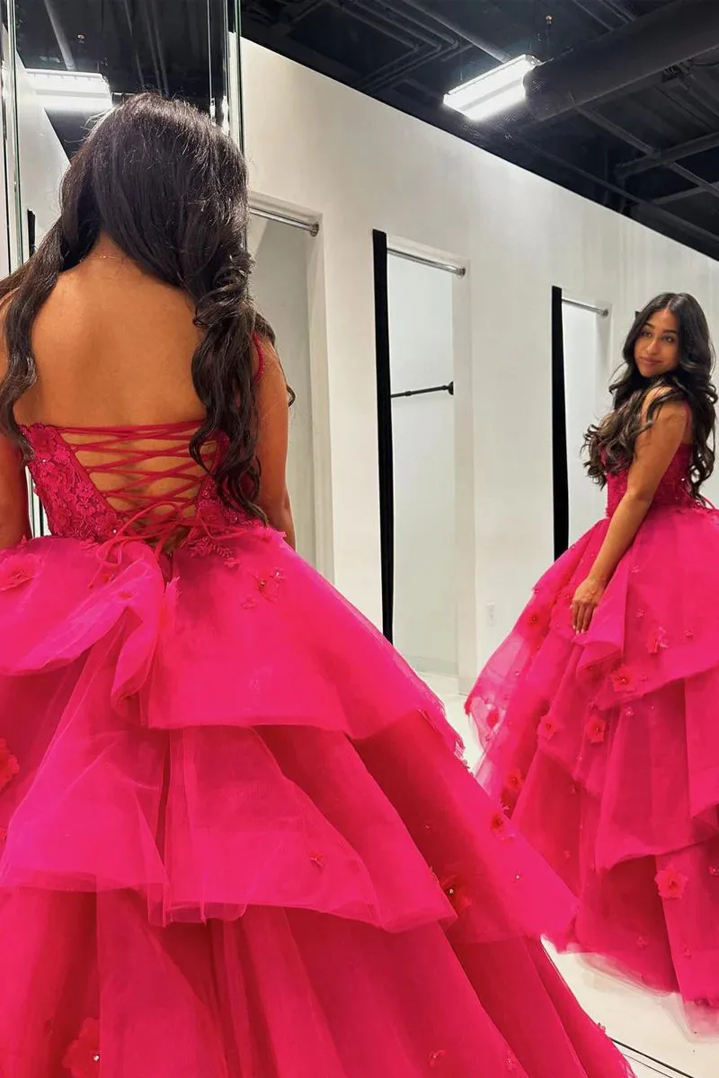 Fuchsia Sweetheart Tiered Tulle Ball Gown Prom Dresses with Appliques