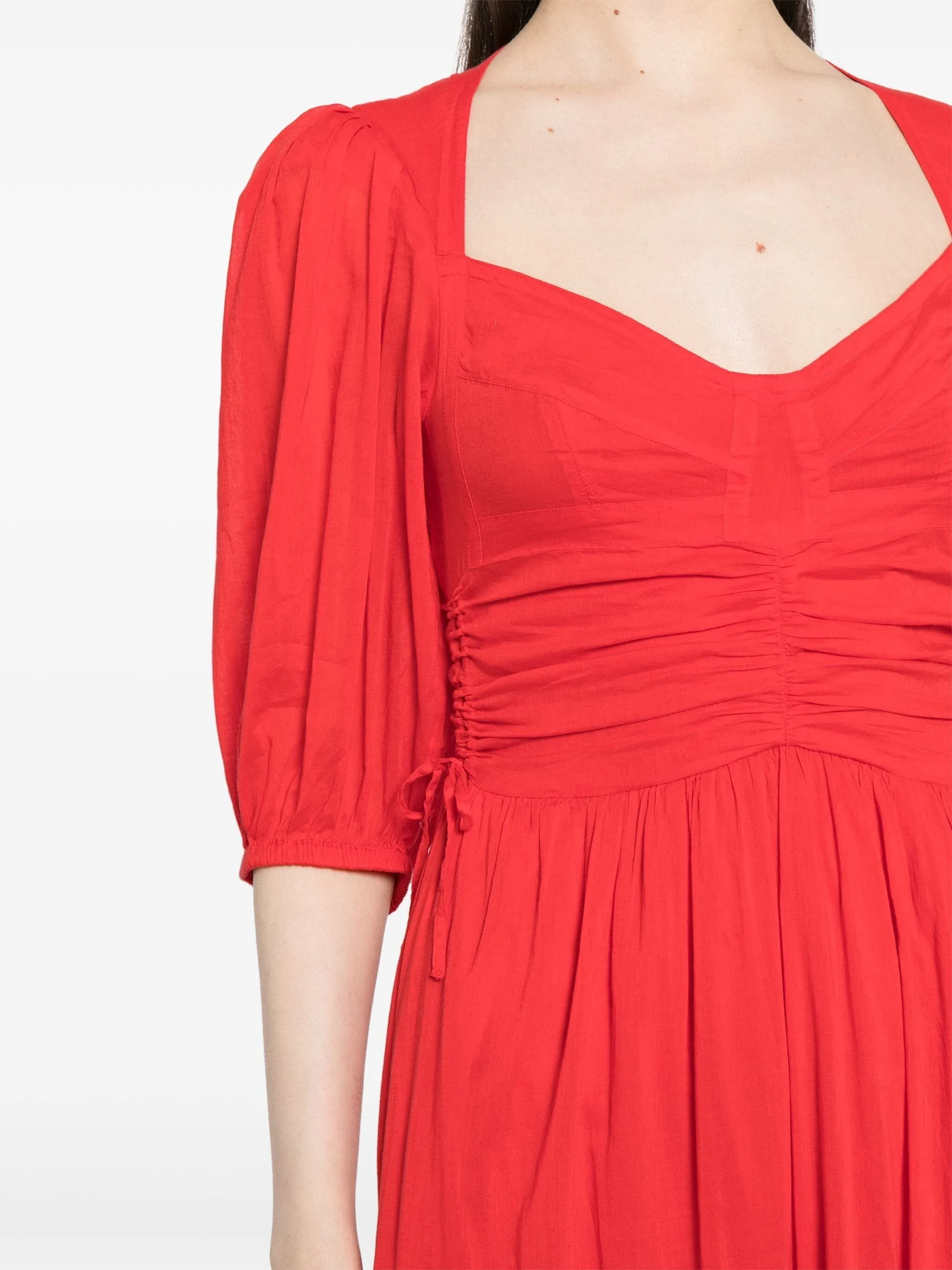 LEONIZA GATHERED V-NECK MIDI DRESS