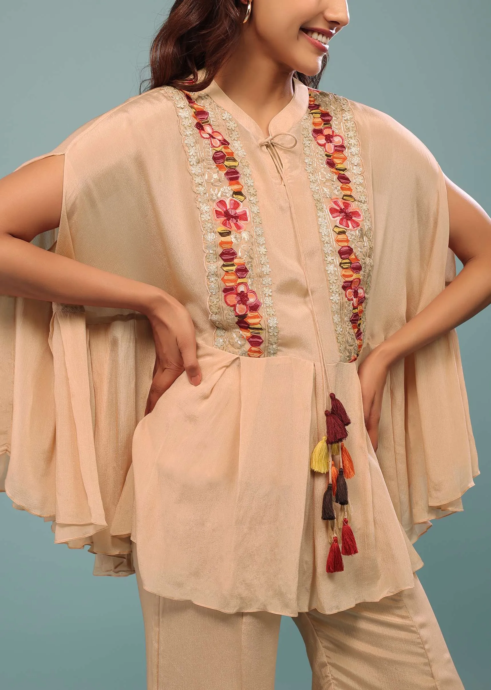 Light Peach Pink Embroidered Pant-Top Set In Chinon
