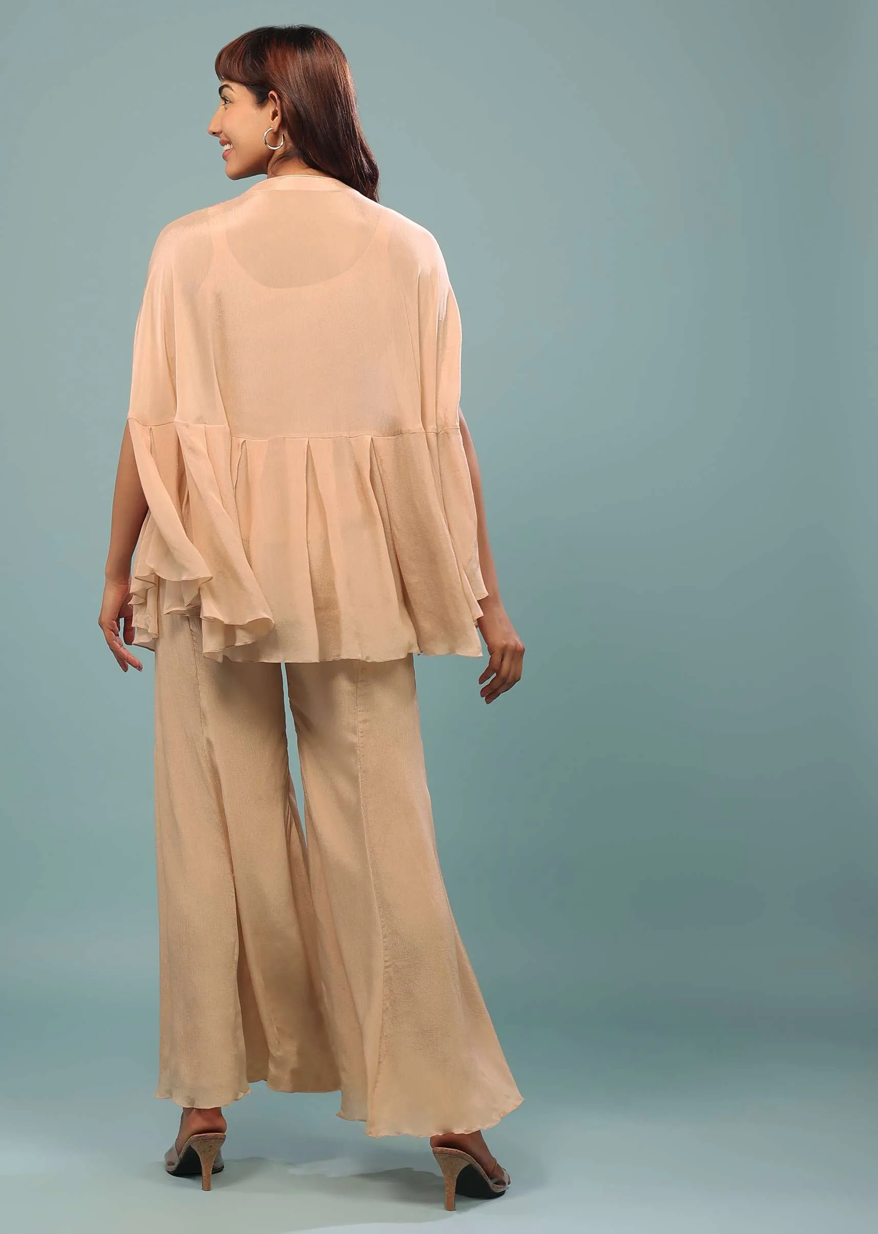 Light Peach Pink Embroidered Pant-Top Set In Chinon