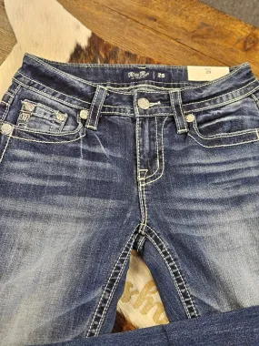 MISS ME WOMENS DARK WASH MID RISE FAUX COWHIDE LONGHORN BOOTCUT STRETCH DENIM JEANS