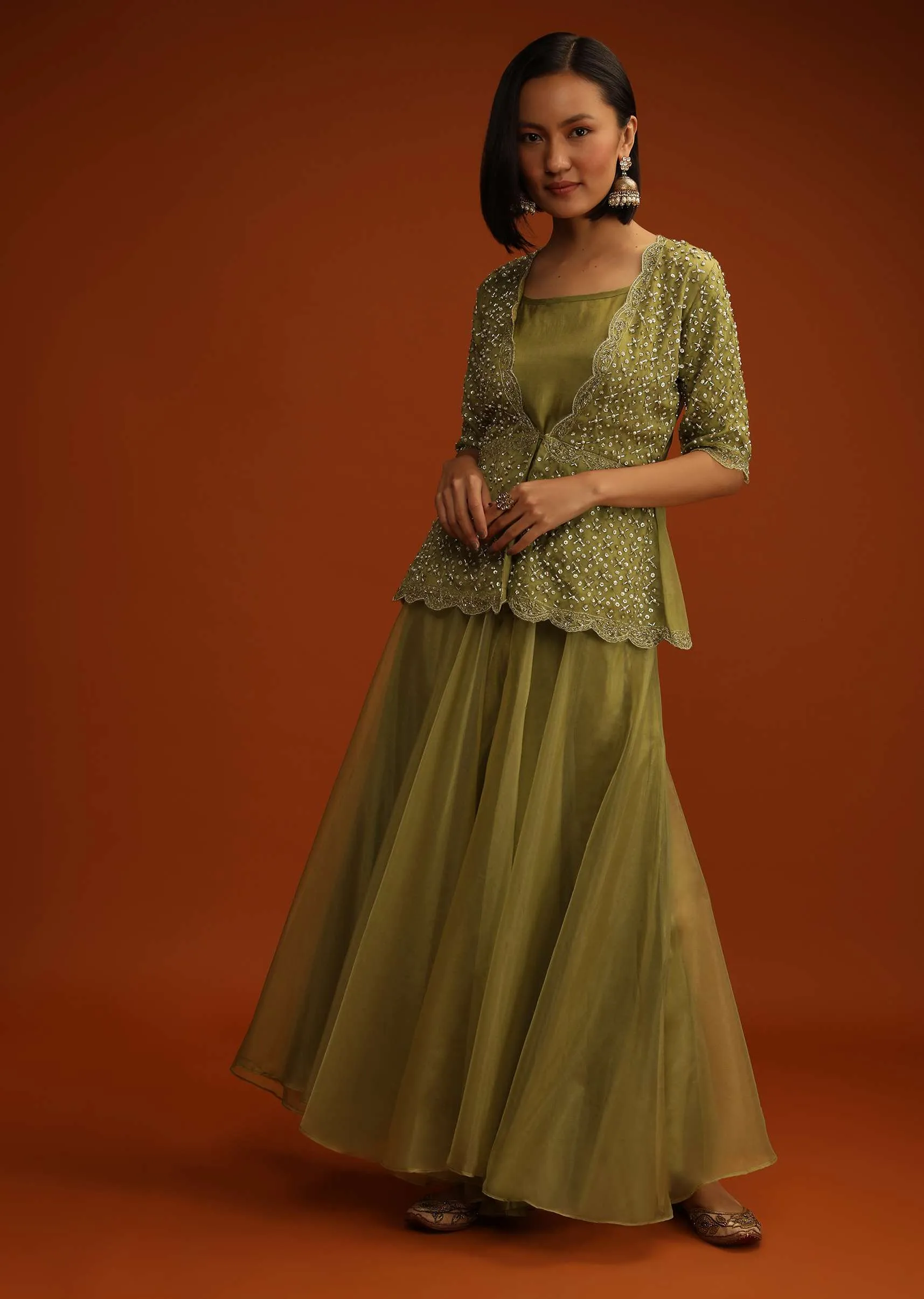 Moss Green Palazzo And Peplum Suit In Organza With Flower Sequins And Cut Dana Work