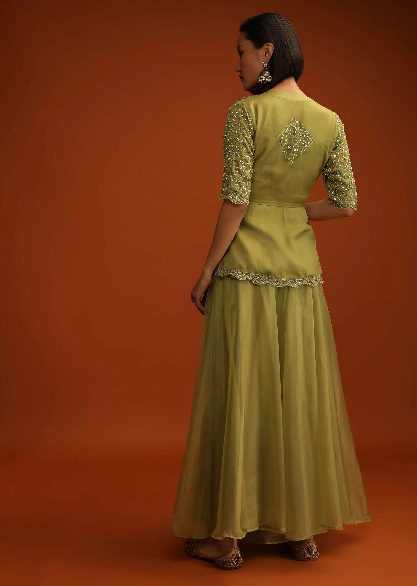 Moss Green Palazzo And Peplum Suit In Organza With Flower Sequins And Cut Dana Work