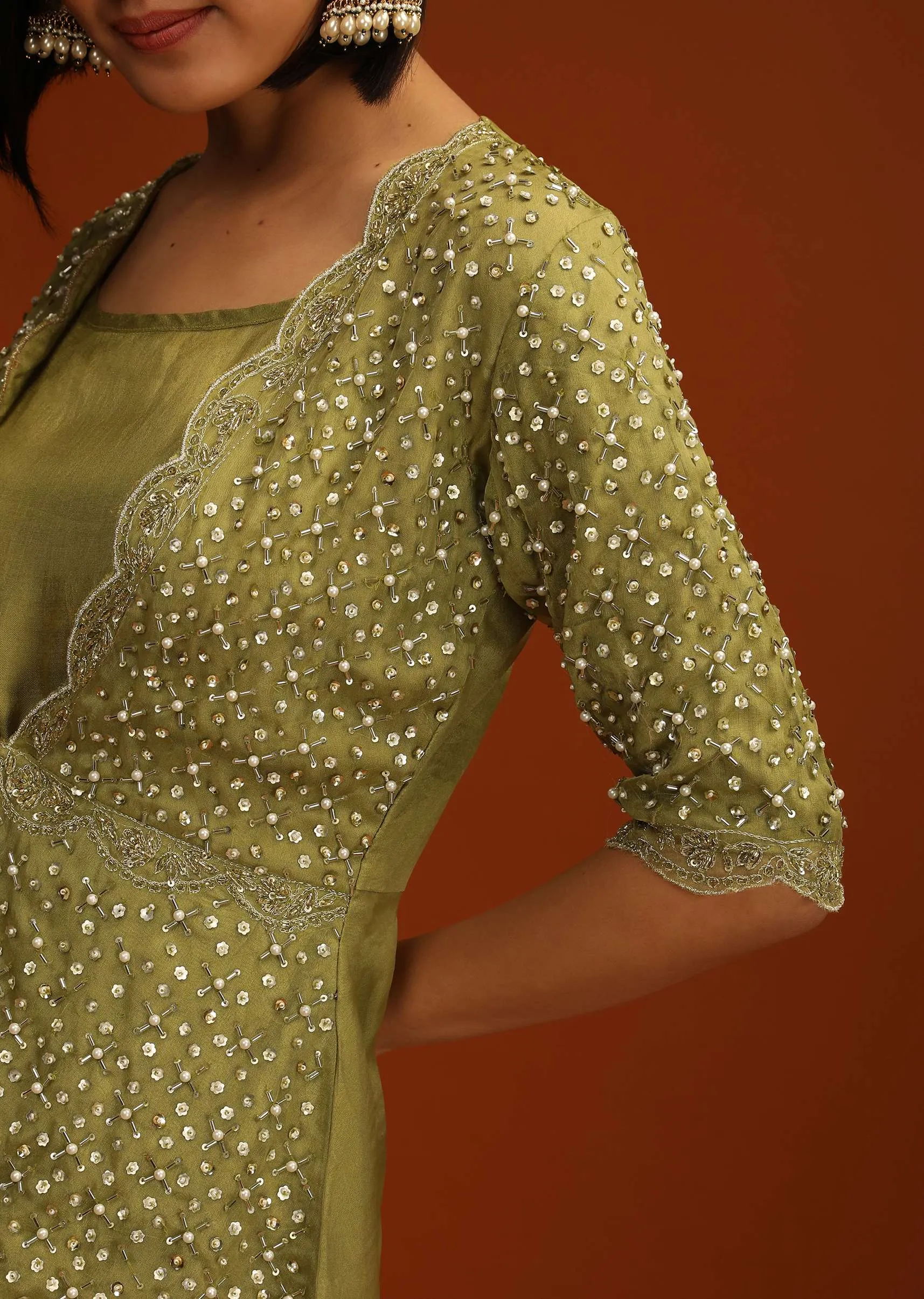 Moss Green Palazzo And Peplum Suit In Organza With Flower Sequins And Cut Dana Work