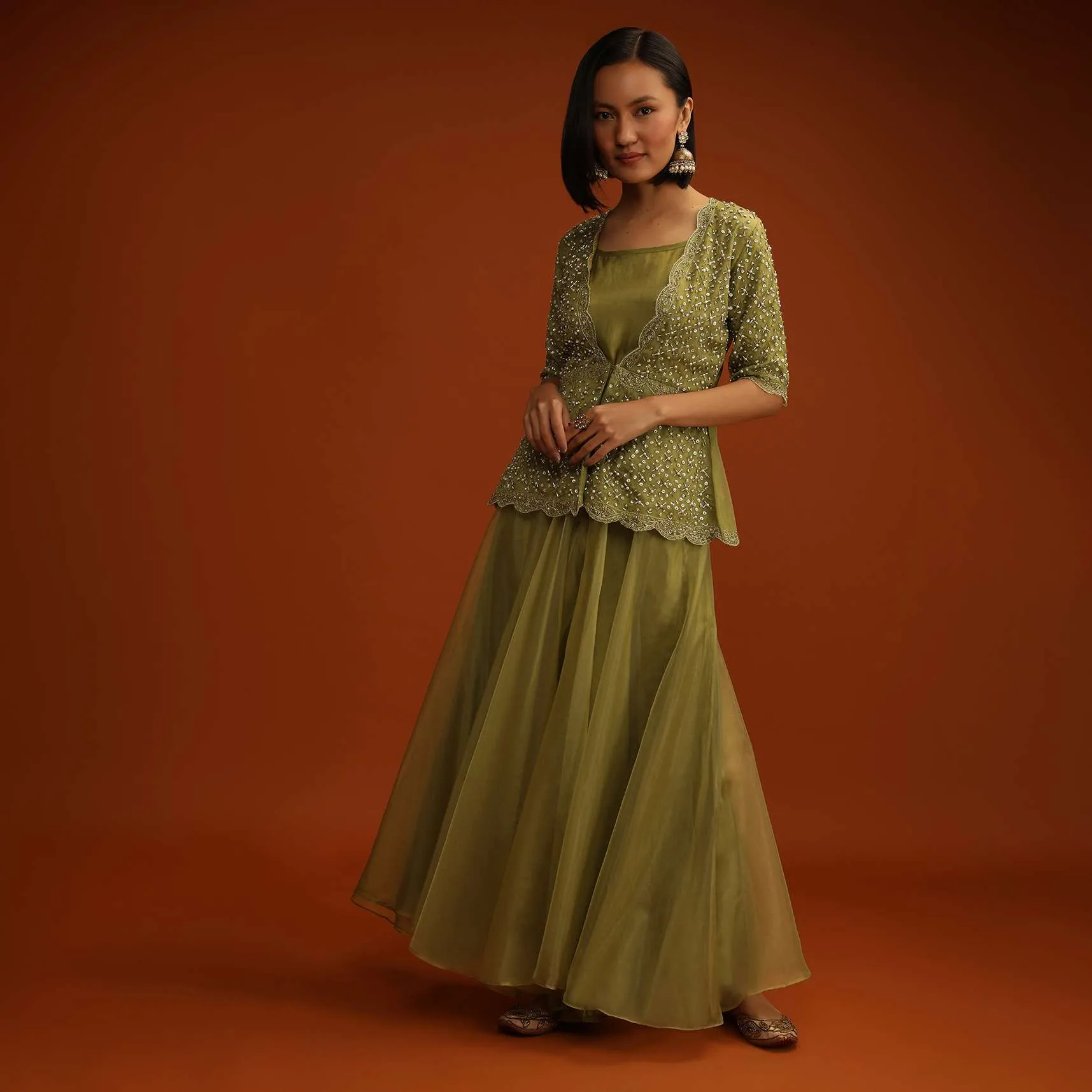 Moss Green Palazzo And Peplum Suit In Organza With Flower Sequins And Cut Dana Work