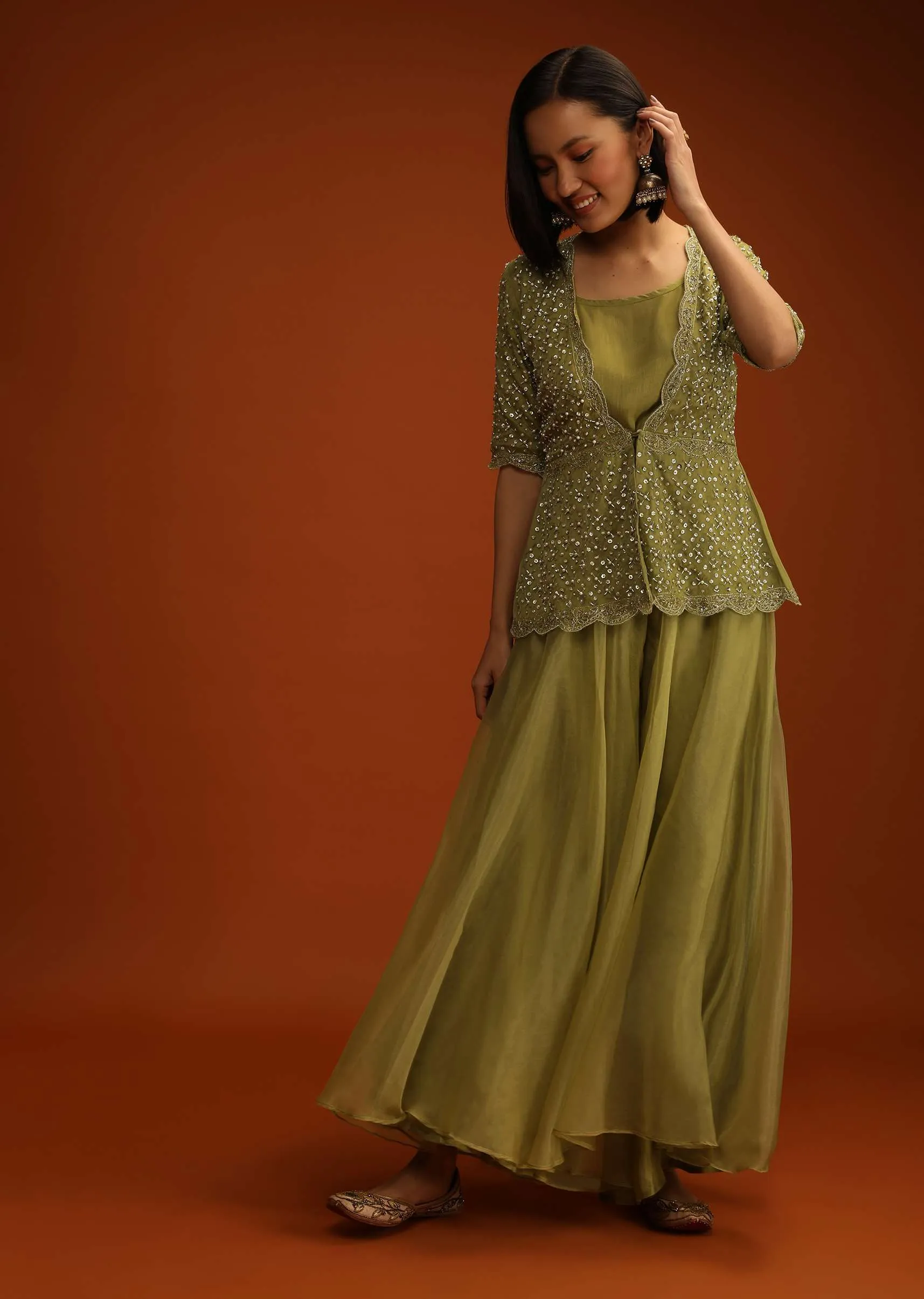 Moss Green Palazzo And Peplum Suit In Organza With Flower Sequins And Cut Dana Work