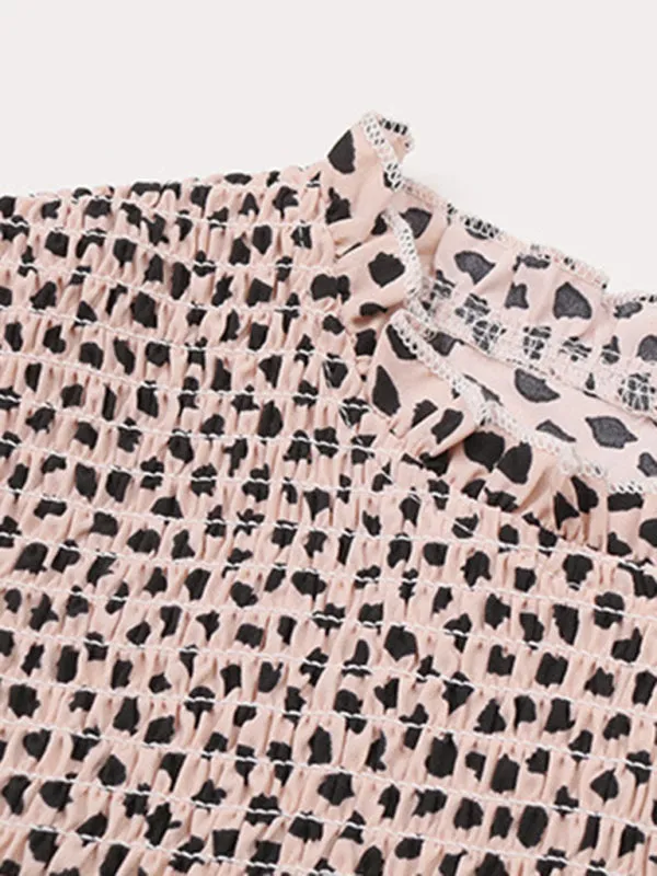 Peplum Blouse With Long Sleeves and Smocked Waist in Leopard Print