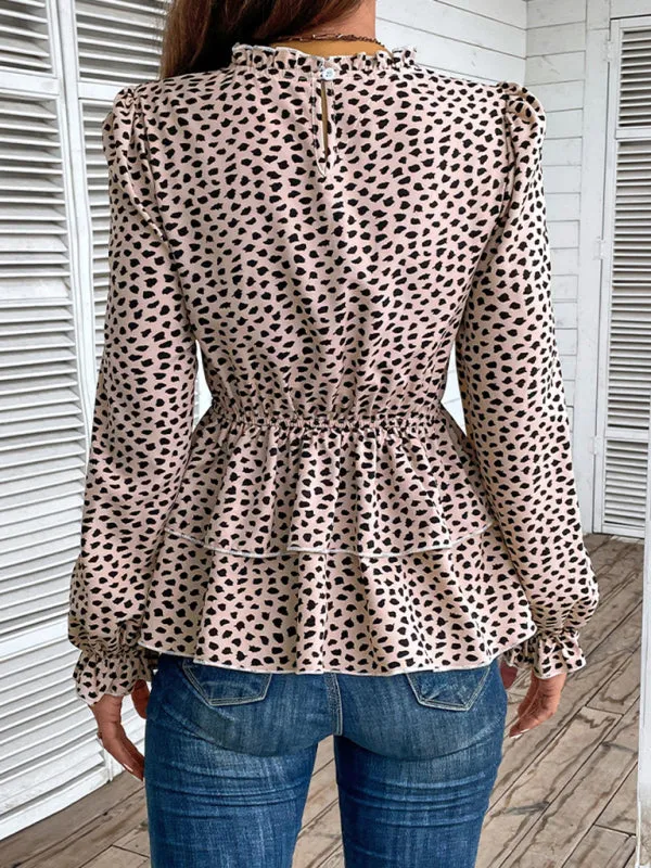 Peplum Blouse With Long Sleeves and Smocked Waist in Leopard Print