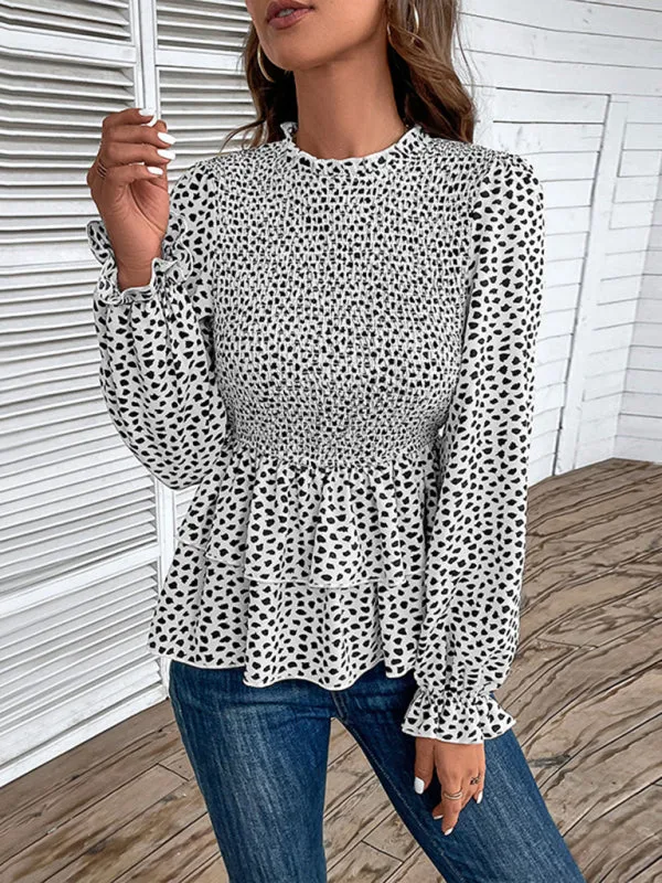 Peplum Blouse With Long Sleeves and Smocked Waist in Leopard Print