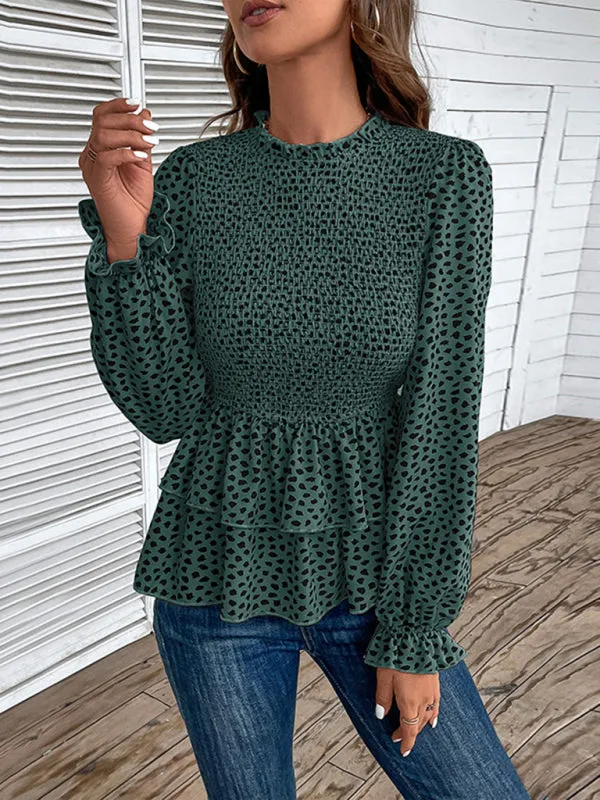 Peplum Blouse With Long Sleeves and Smocked Waist in Leopard Print
