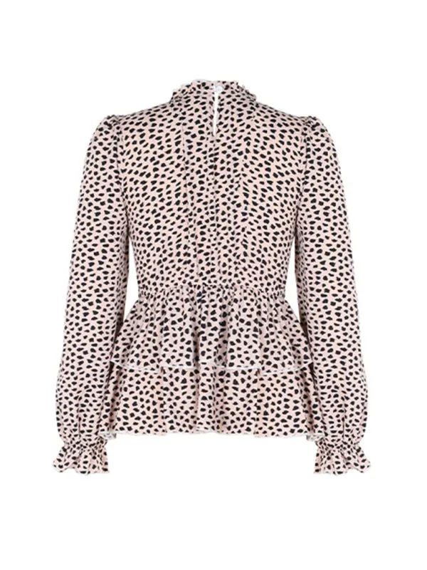 Peplum Blouse With Long Sleeves and Smocked Waist in Leopard Print