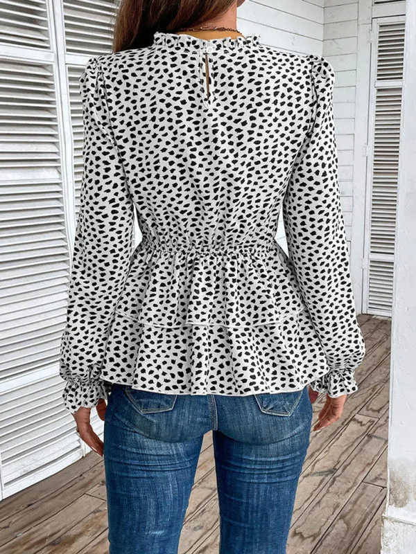 Peplum Blouse With Long Sleeves and Smocked Waist in Leopard Print