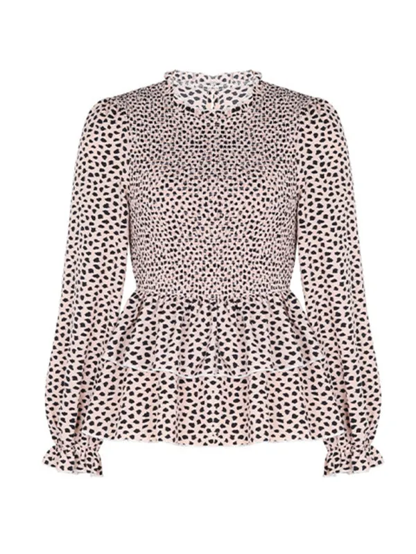 Peplum Blouse With Long Sleeves and Smocked Waist in Leopard Print