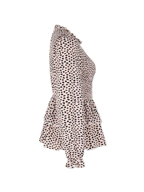 Peplum Blouse With Long Sleeves and Smocked Waist in Leopard Print
