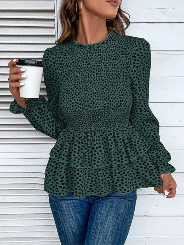 Peplum Blouse With Long Sleeves and Smocked Waist in Leopard Print