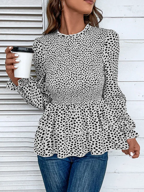 Peplum Blouse With Long Sleeves and Smocked Waist in Leopard Print