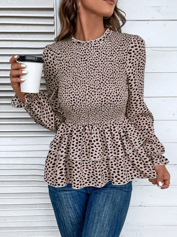 Peplum Blouse With Long Sleeves and Smocked Waist in Leopard Print