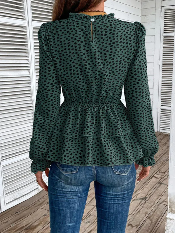 Peplum Blouse With Long Sleeves and Smocked Waist in Leopard Print