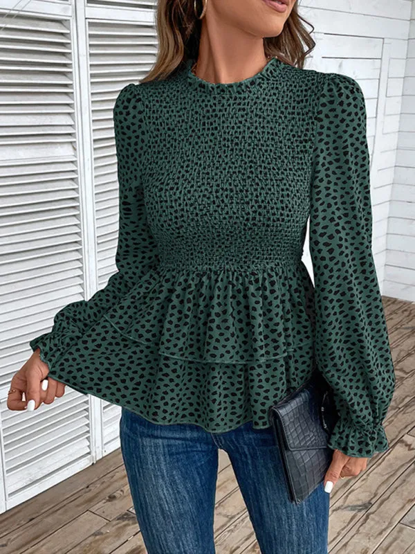 Peplum Blouse With Long Sleeves and Smocked Waist in Leopard Print