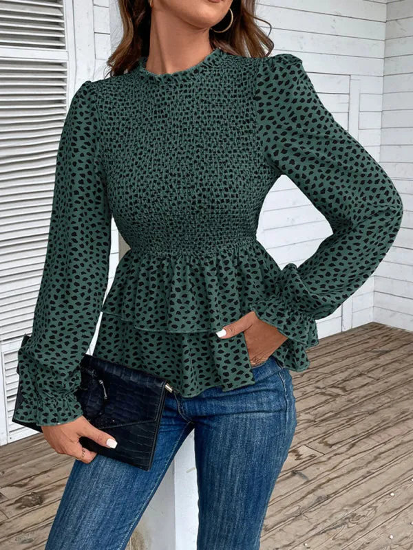 Peplum Blouse With Long Sleeves and Smocked Waist in Leopard Print